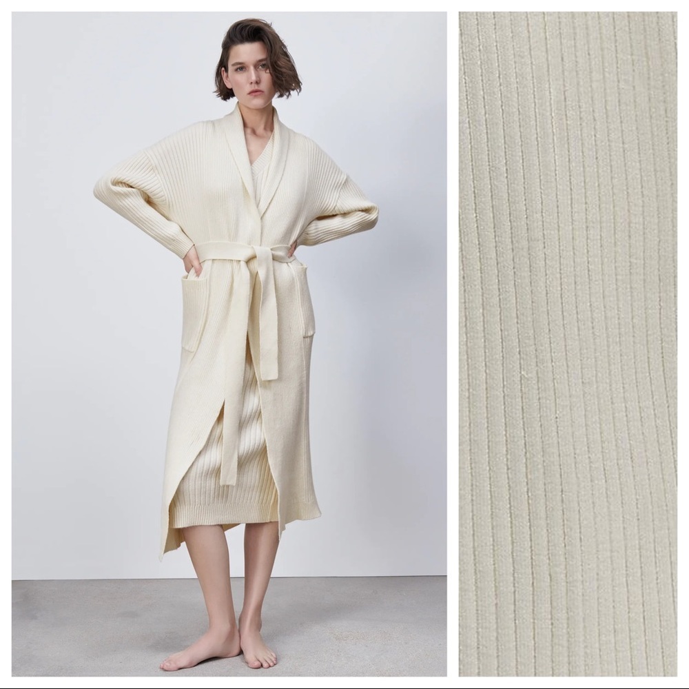 NWT. Zara Cream Open Front Knit Coat with Belt. Size S. - Picture 3 of 9